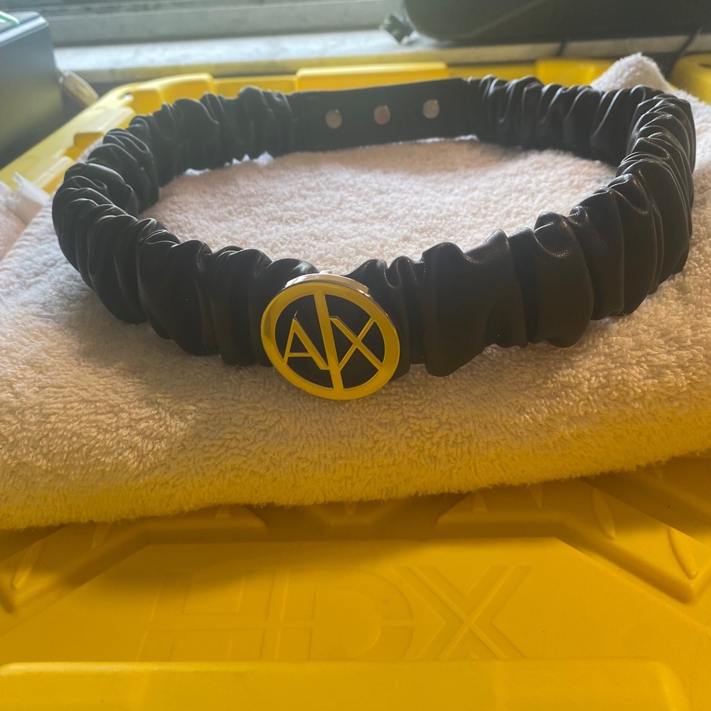 Armani Exchange AX Black Ruched Elastic Waist Belt Yellow Logo Buckle Snap 36in